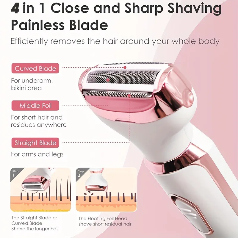 4 In 1 Electric Lady Shaver, Body Hair Removal Epilator, Painless Cordless Trimmer Razor, Gifts For Women