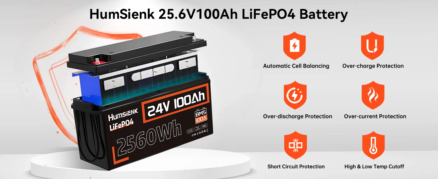 Humsienk 24V 100Ah LiFePO4 Battery 15000 Cycle 100A BMS UP 2560W For RV, Camper, Solar, Marine, Off-Grid,2-year warranty,UL 1973