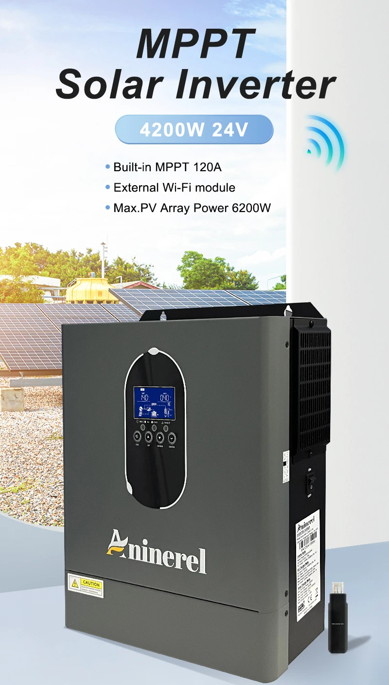 Aninerel 4.2W 120V Hybrid Inverter Off Grid Pure Sine Wave solar Inverter 24V 120A PV Max 6200W 50Hz/60Hz for LCD Display