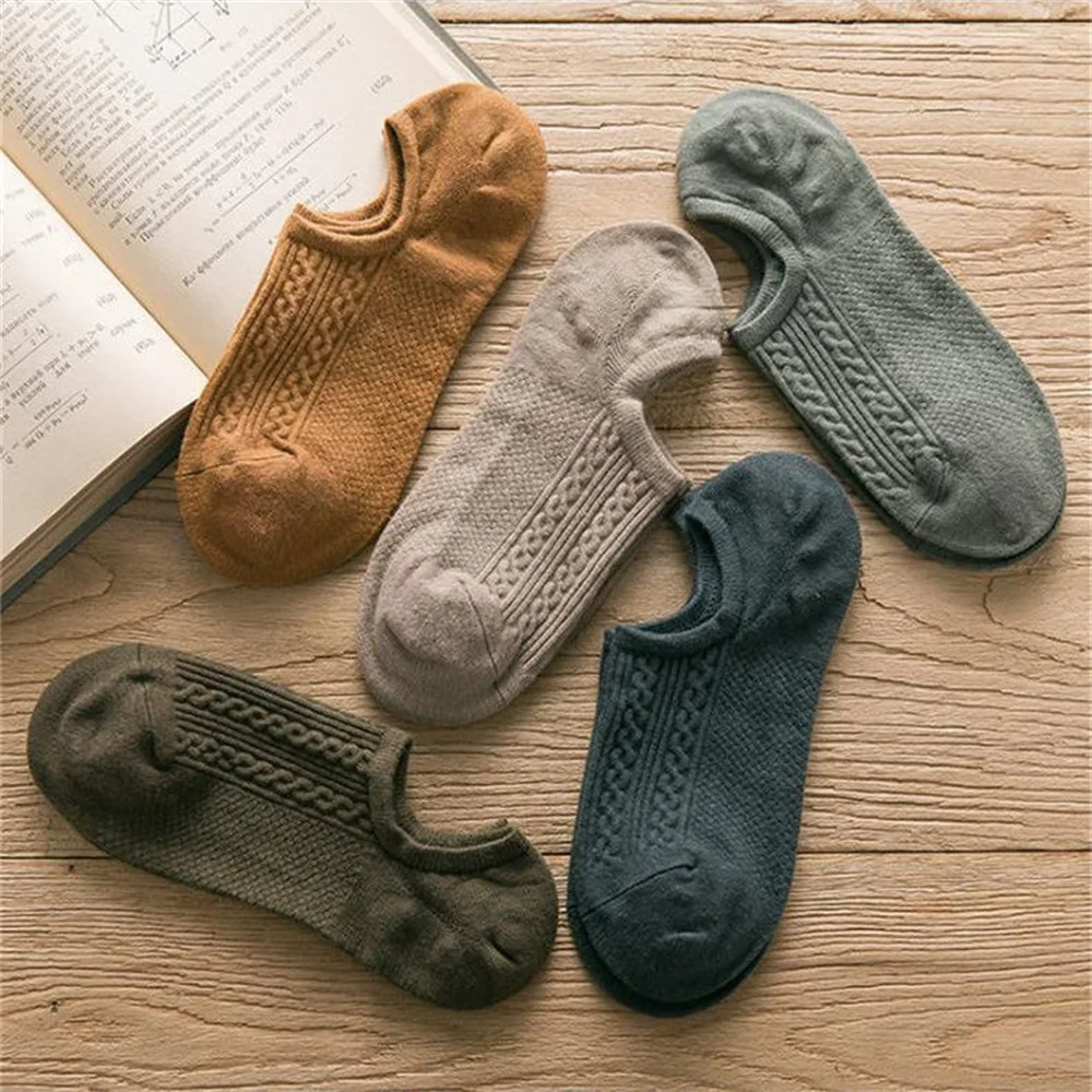 10 Pieces=5 Pairs Twists Cotton Tube Socks for Men Short Boat Socks Invisible Summer Thin Versatile Anti Odor Calcetines