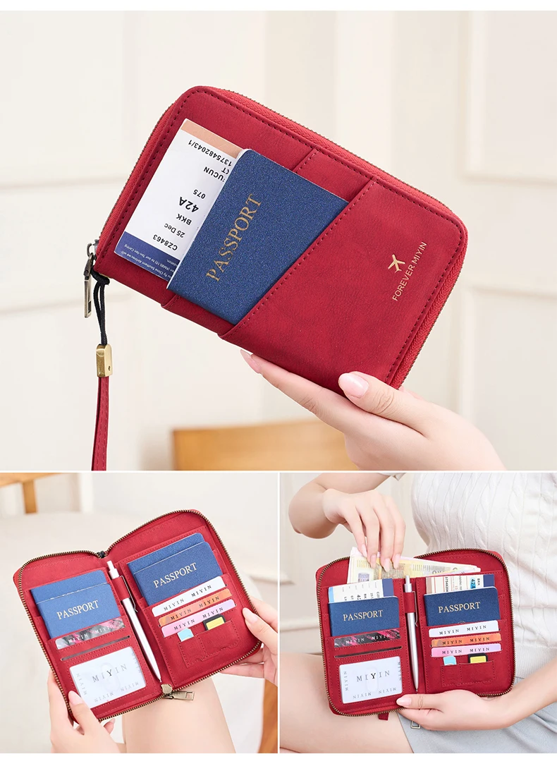 Multifunctional Anti-Theft RFID Women's Passport Holder Portable Zippered Storage Bag Passport Holder with a Hidden AirTag Pocke