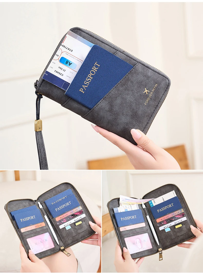 Multifunctional Anti-Theft RFID Women's Passport Holder Portable Zippered Storage Bag Passport Holder with a Hidden AirTag Pocke