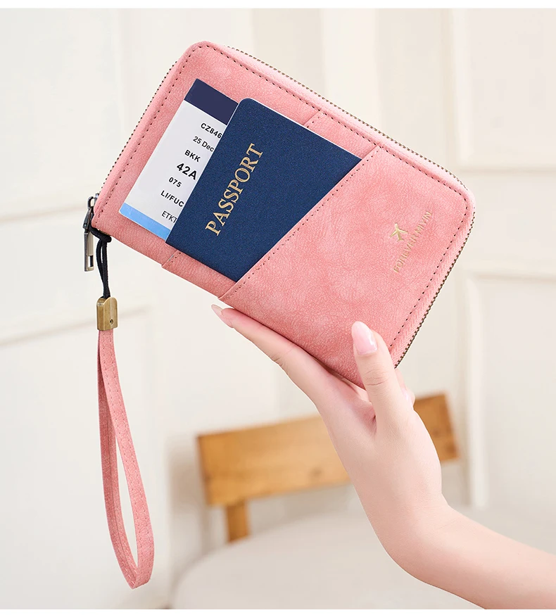 Multifunctional Anti-Theft RFID Women's Passport Holder Portable Zippered Storage Bag Passport Holder with a Hidden AirTag Pocke