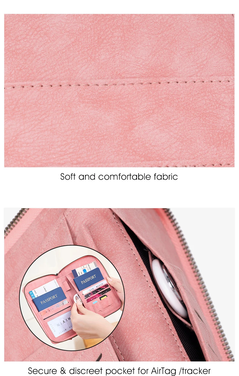 Multifunctional Anti-Theft RFID Women's Passport Holder Portable Zippered Storage Bag Passport Holder with a Hidden AirTag Pocke
