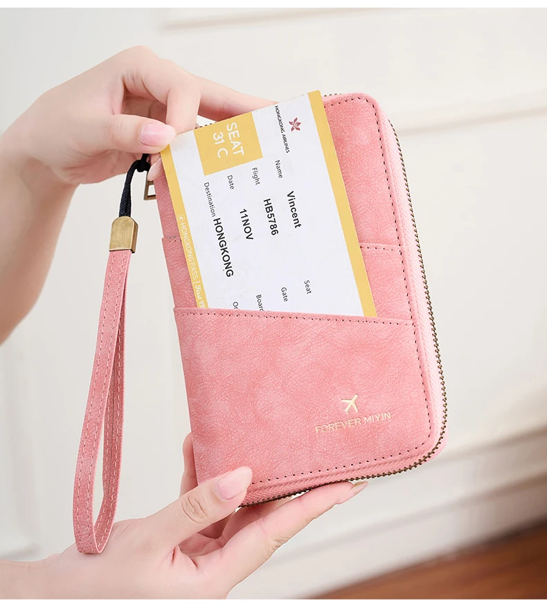 Multifunctional Anti-Theft RFID Women's Passport Holder Portable Zippered Storage Bag Passport Holder with a Hidden AirTag Pocke