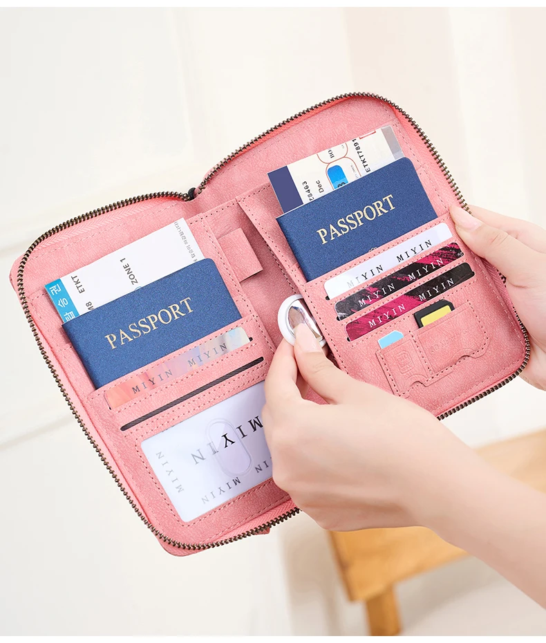 Multifunctional Anti-Theft RFID Women's Passport Holder Portable Zippered Storage Bag Passport Holder with a Hidden AirTag Pocke