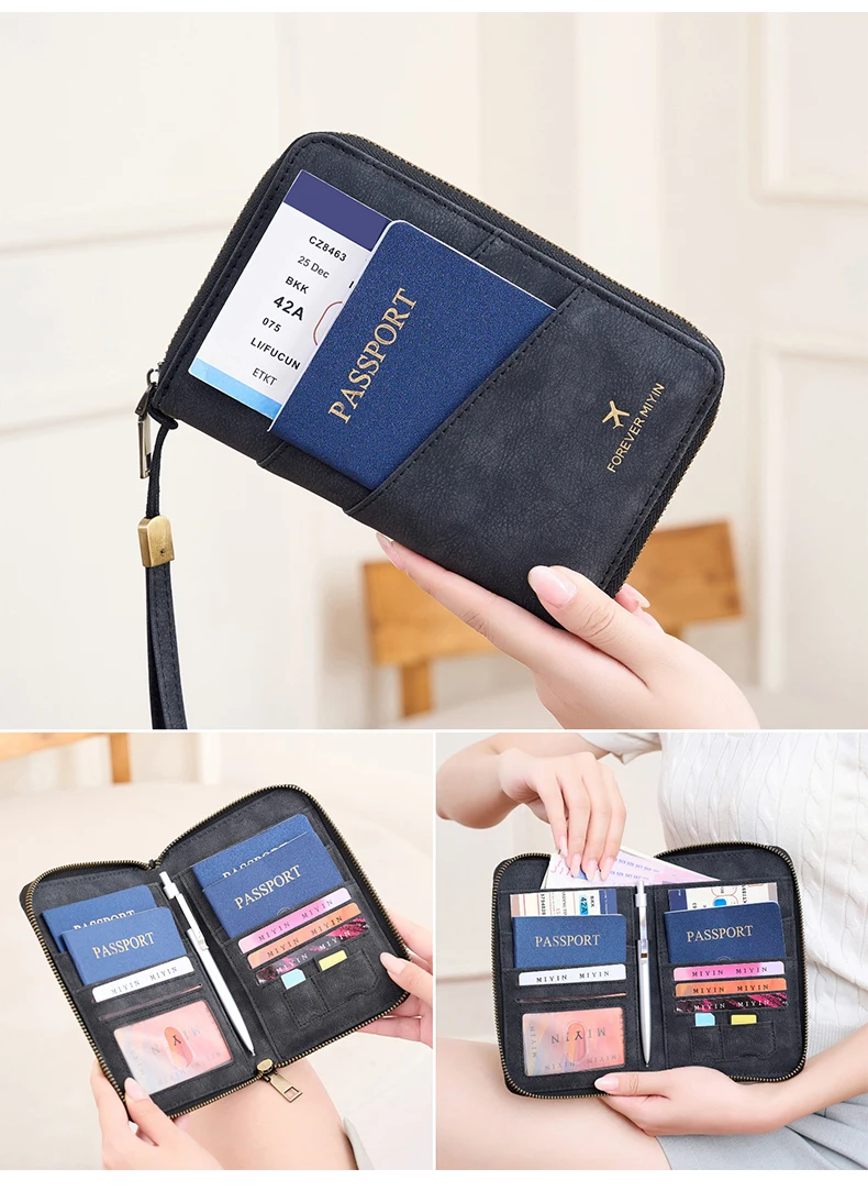 Multifunctional Anti-Theft RFID Women's Passport Holder Portable Zippered Storage Bag Passport Holder with a Hidden AirTag Pocke