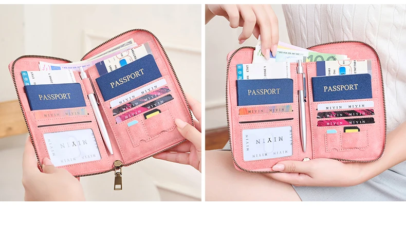 Multifunctional Anti-Theft RFID Women's Passport Holder Portable Zippered Storage Bag Passport Holder with a Hidden AirTag Pocke