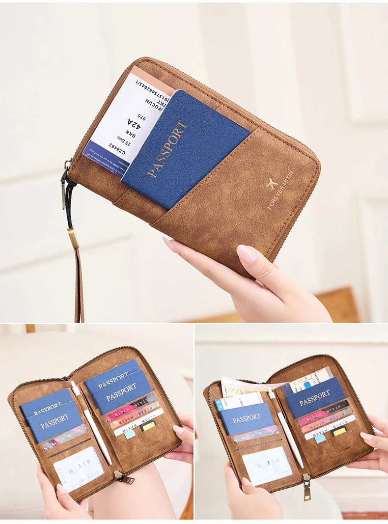 Multifunctional Anti-Theft RFID Women's Passport Holder Portable Zippered Storage Bag Passport Holder with a Hidden AirTag Pocke