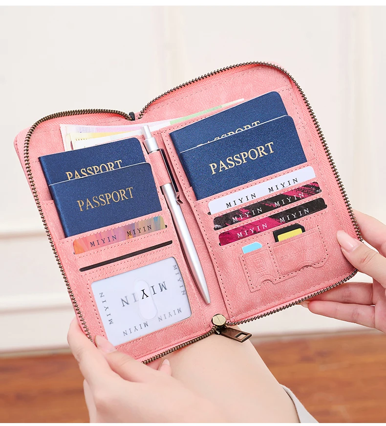 Multifunctional Anti-Theft RFID Women's Passport Holder Portable Zippered Storage Bag Passport Holder with a Hidden AirTag Pocke