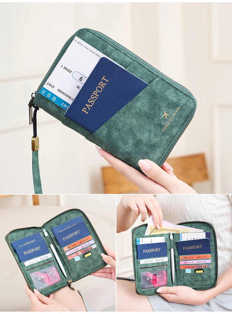 Multifunctional Anti-Theft RFID Women's Passport Holder Portable Zippered Storage Bag Passport Holder with a Hidden AirTag Pocke