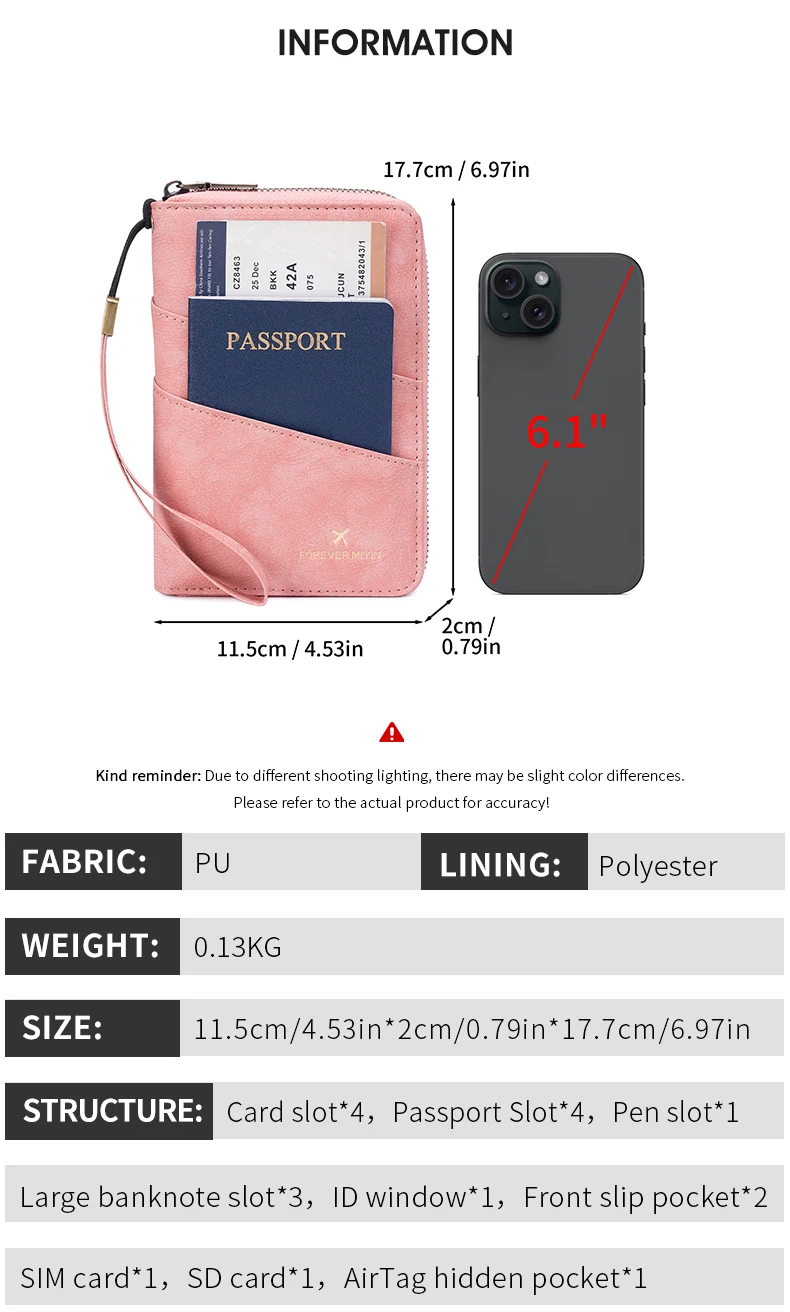 Multifunctional Anti-Theft RFID Women's Passport Holder Portable Zippered Storage Bag Passport Holder with a Hidden AirTag Pocke