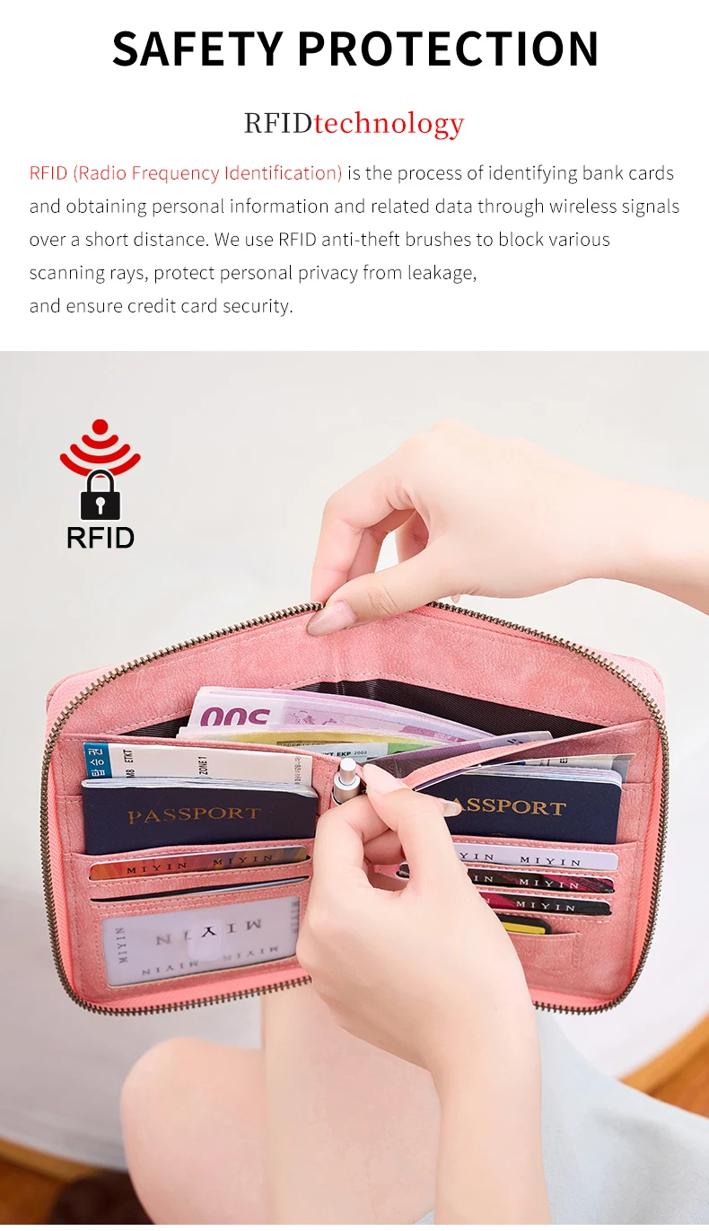 Multifunctional Anti-Theft RFID Women's Passport Holder Portable Zippered Storage Bag Passport Holder with a Hidden AirTag Pocke