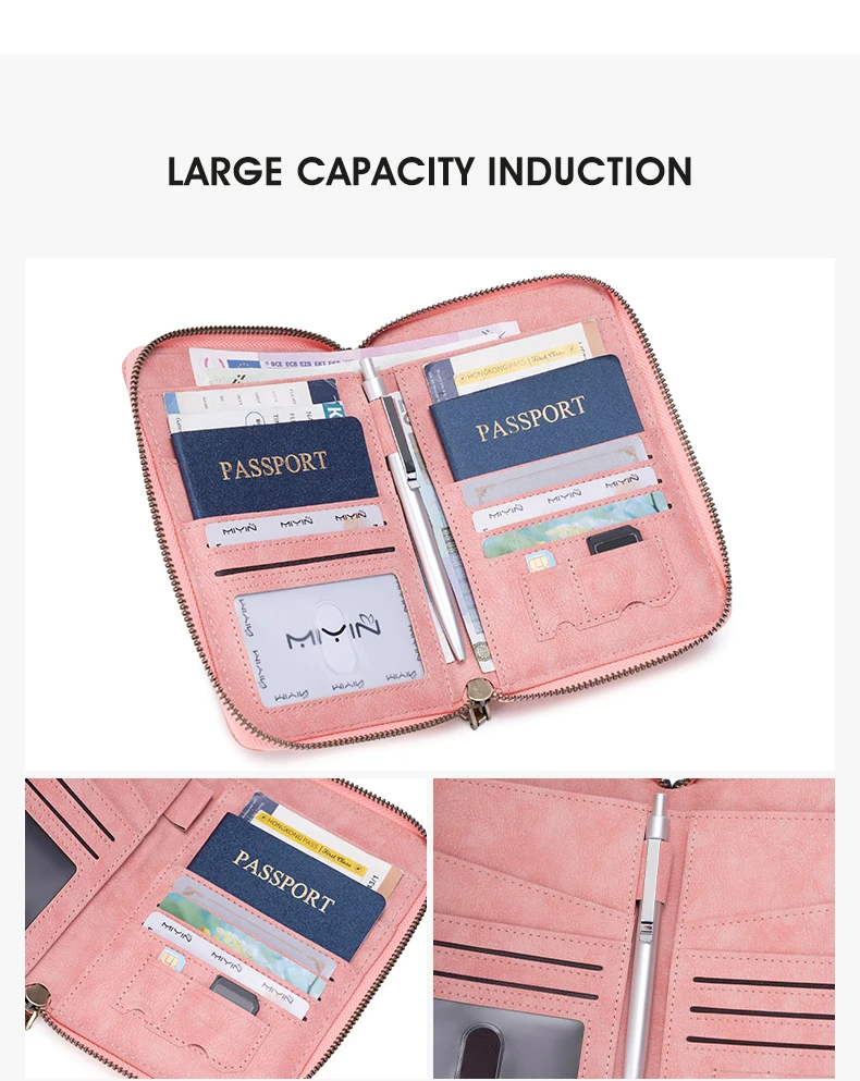 Multifunctional Anti-Theft RFID Women's Passport Holder Portable Zippered Storage Bag Passport Holder with a Hidden AirTag Pocke