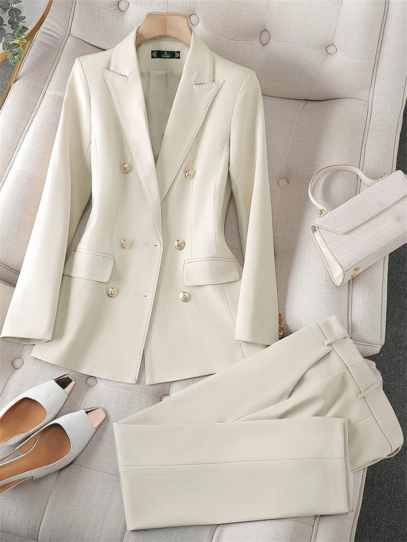 Fashion Office Ladies Pant Suit 2 Piece Sets Women Solid Double-breasted Business Work Wear Blazer Jacket and Trouser Female