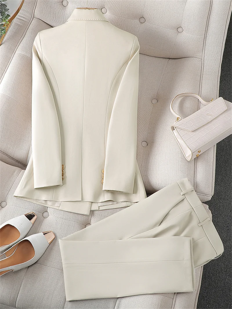 Fashion Office Ladies Pant Suit 2 Piece Sets Women Solid Double-breasted Business Work Wear Blazer Jacket and Trouser Female