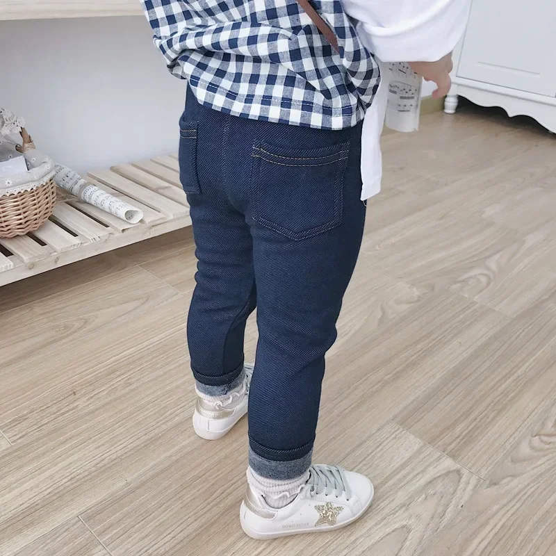 New Winter Children's Jeans Boys and Girls' Solid Color Thin Velvet Elastic Belt Jeans Infant Elastic Denim Pants 1-6Y