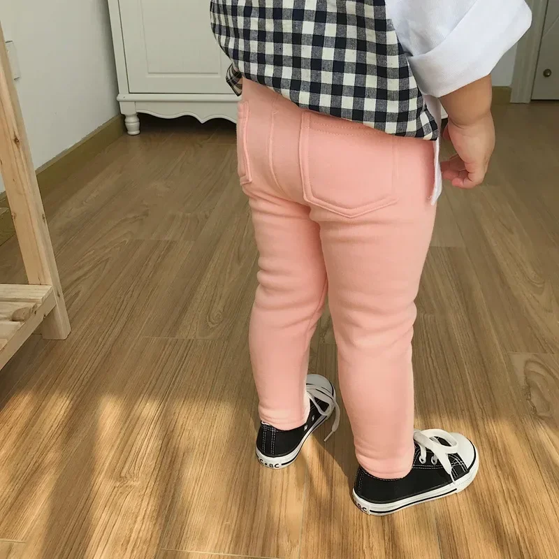 New Winter Children's Jeans Boys and Girls' Solid Color Thin Velvet Elastic Belt Jeans Infant Elastic Denim Pants 1-6Y