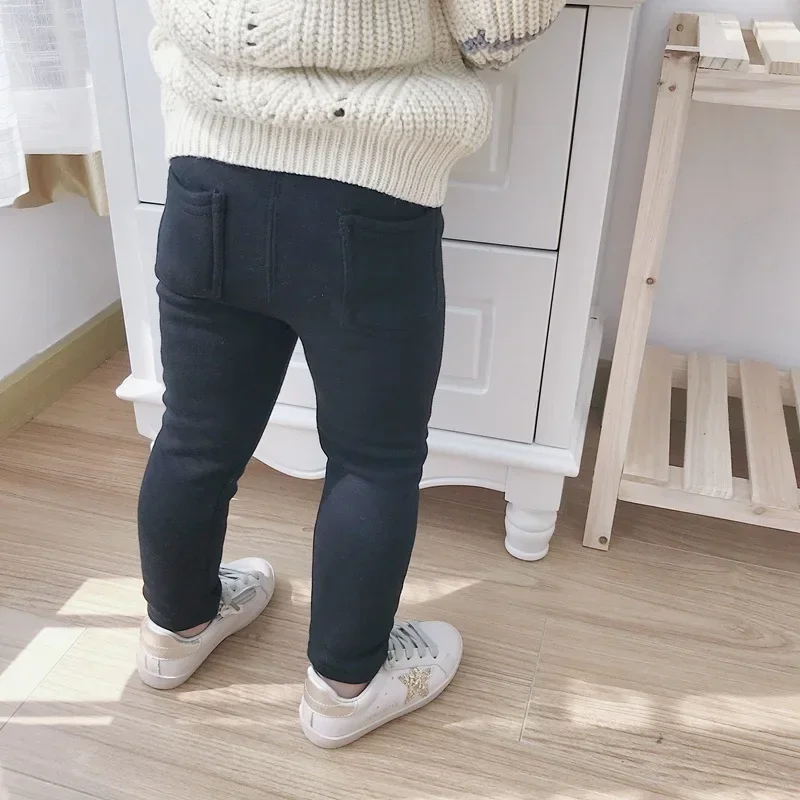 New Winter Children's Jeans Boys and Girls' Solid Color Thin Velvet Elastic Belt Jeans Infant Elastic Denim Pants 1-6Y