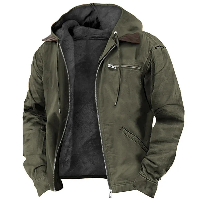 Men's Solid-Color Hooded Cotton Jacket Casual Trendy Fleece Zipper Pocket Winter Coat for Outdoor Wear
