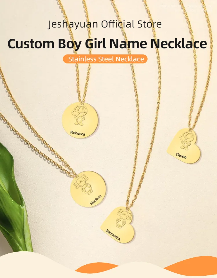 Jeshayuan New Trend Boy Girl Engraved Custom Name Necklace For Kids Stainless Steel Box Chain Necklaces Family Jewelry Gift