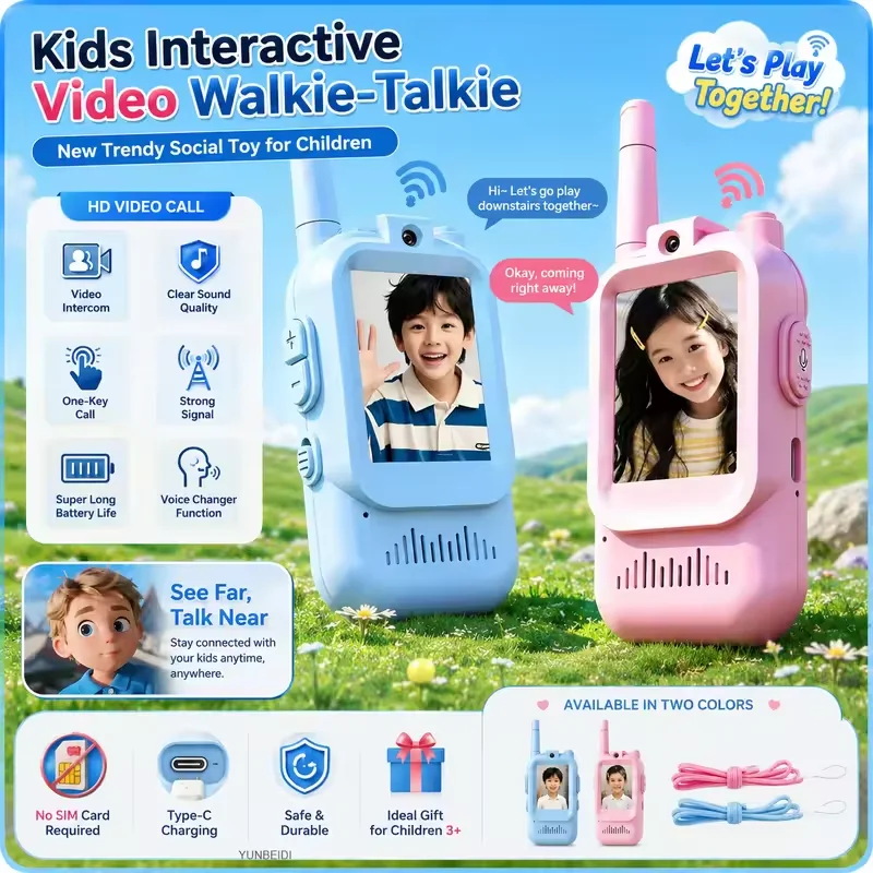 2PC Children's Video Walkie-talkie HD Walkie-talkie USB Charging Indoor Outdoor Entertainment Kids Toys Birthday Gifts Ages 3-12