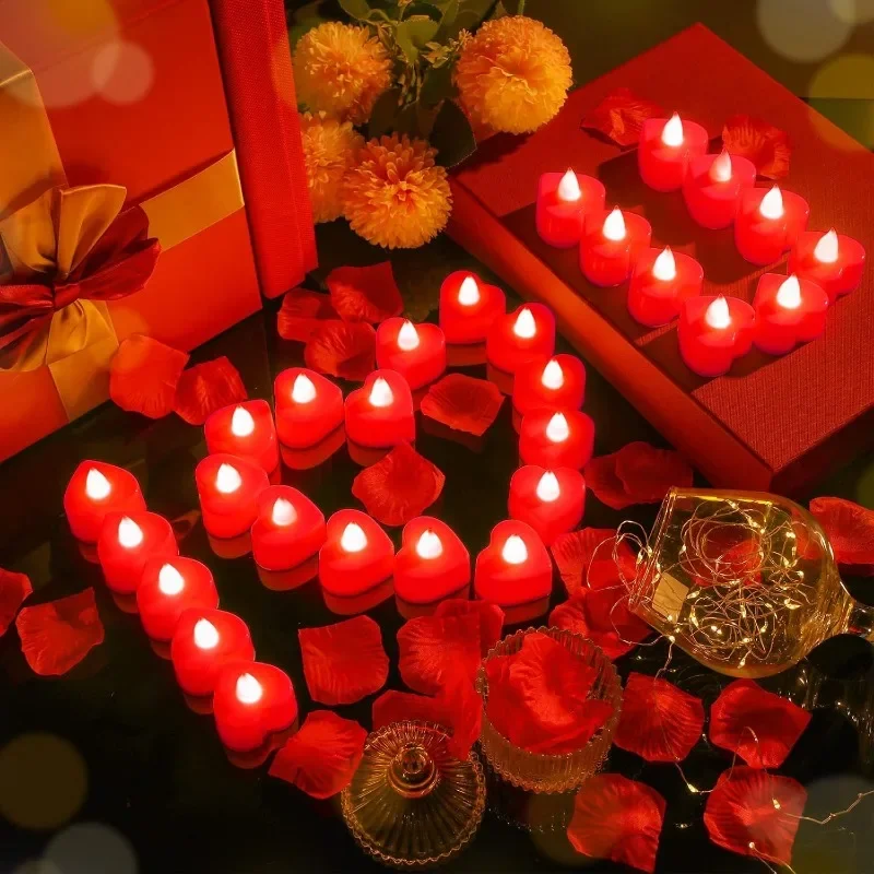 LED Flameless Candle Lights Battery Operated Tealights Heart Shaped Flashing Candles Birthday Wedding Party Romantic Decoration