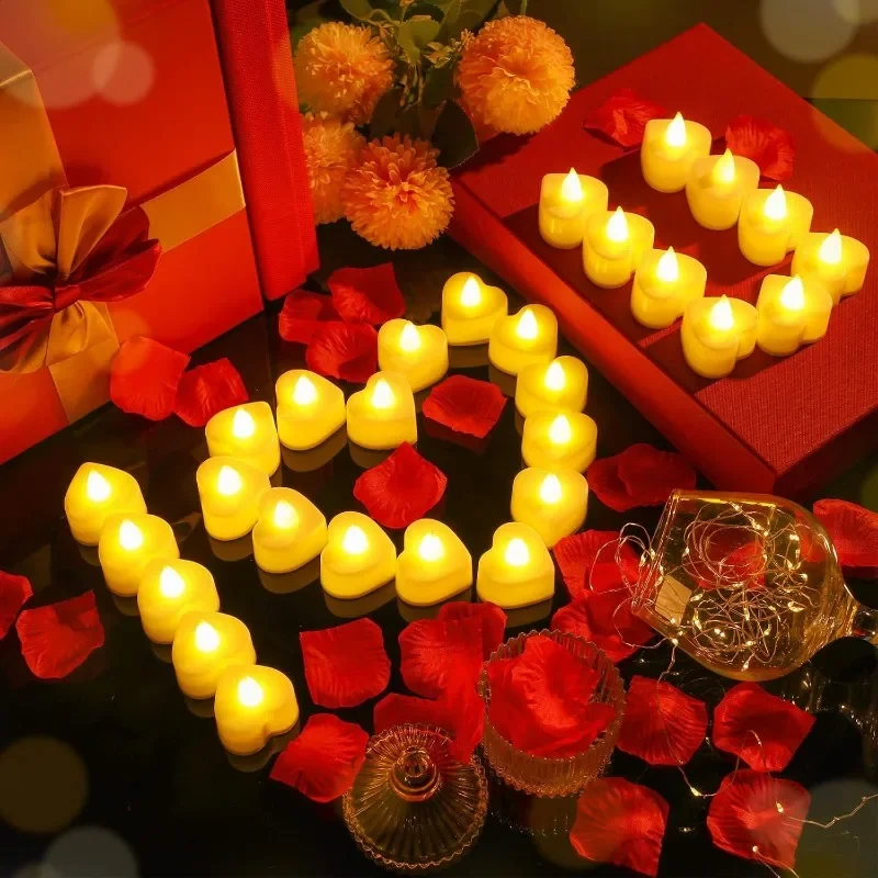 LED Flameless Candle Lights Battery Operated Tealights Heart Shaped Flashing Candles Birthday Wedding Party Romantic Decoration