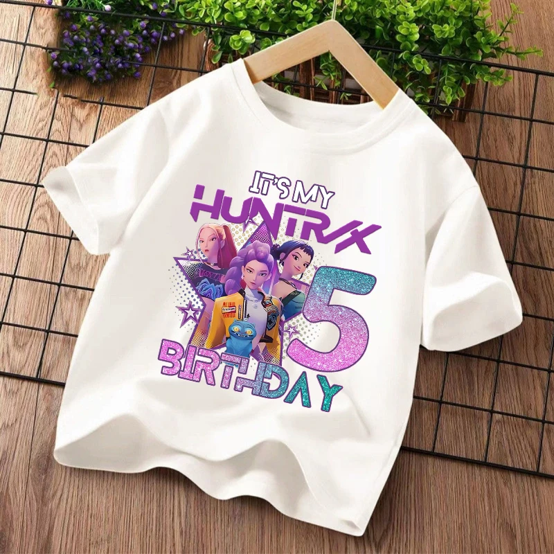 K Pop Demon Hunters Kids T-shirt Kawaii Cartoon Birthday Number1-9 Printed Tops Girls Tee Summer Short Sleeve Children Clothing