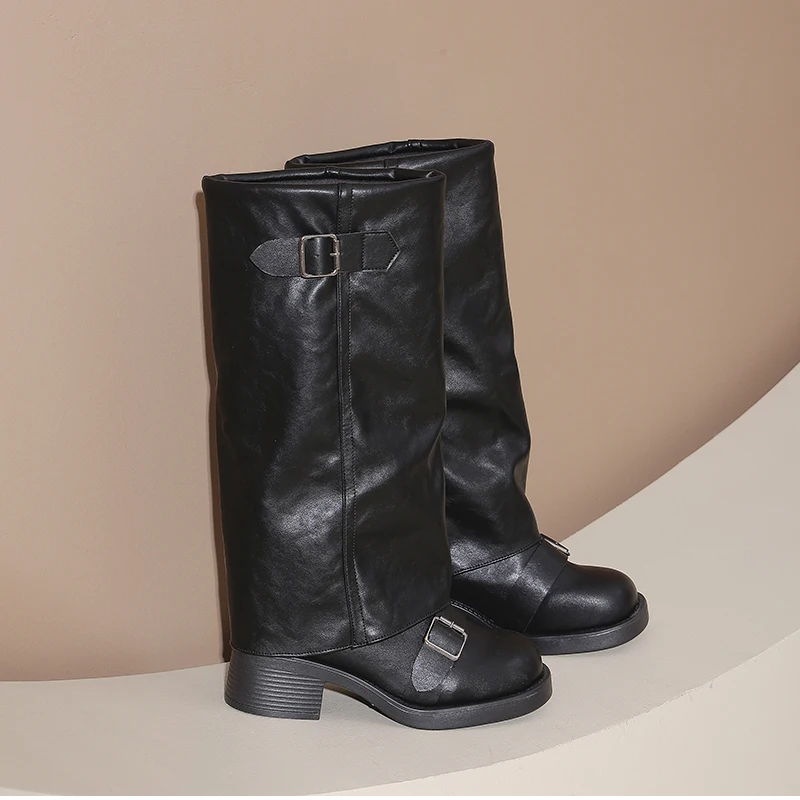 Vintage Thick Heel Women Knee High Boots Fashion Ladies Belt Buckle Knight Long Booties Botas De Inverno Feminina