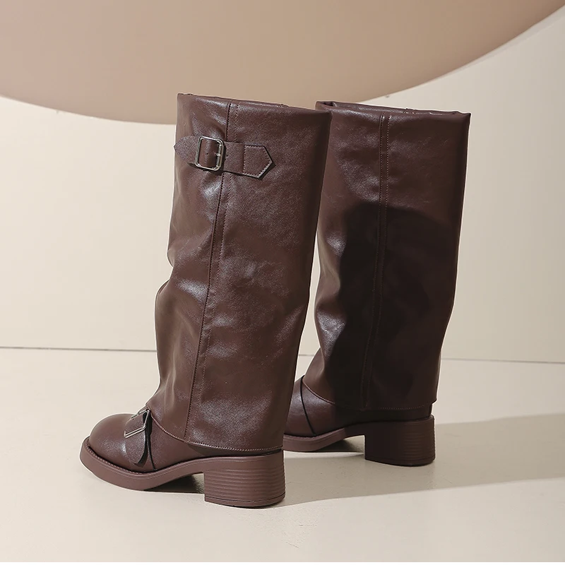 Vintage Thick Heel Women Knee High Boots Fashion Ladies Belt Buckle Knight Long Booties Botas De Inverno Feminina