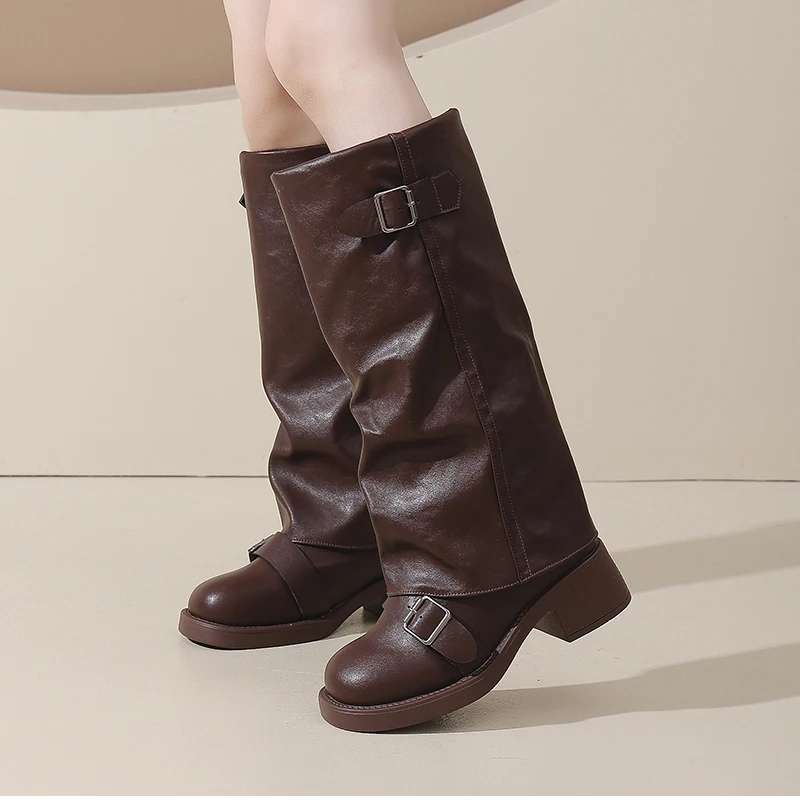 Vintage Thick Heel Women Knee High Boots Fashion Ladies Belt Buckle Knight Long Booties Botas De Inverno Feminina