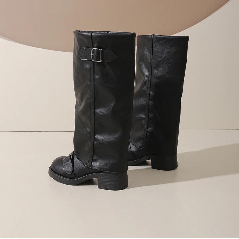 Vintage Thick Heel Women Knee High Boots Fashion Ladies Belt Buckle Knight Long Booties Botas De Inverno Feminina