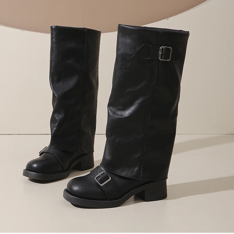 Vintage Thick Heel Women Knee High Boots Fashion Ladies Belt Buckle Knight Long Booties Botas De Inverno Feminina