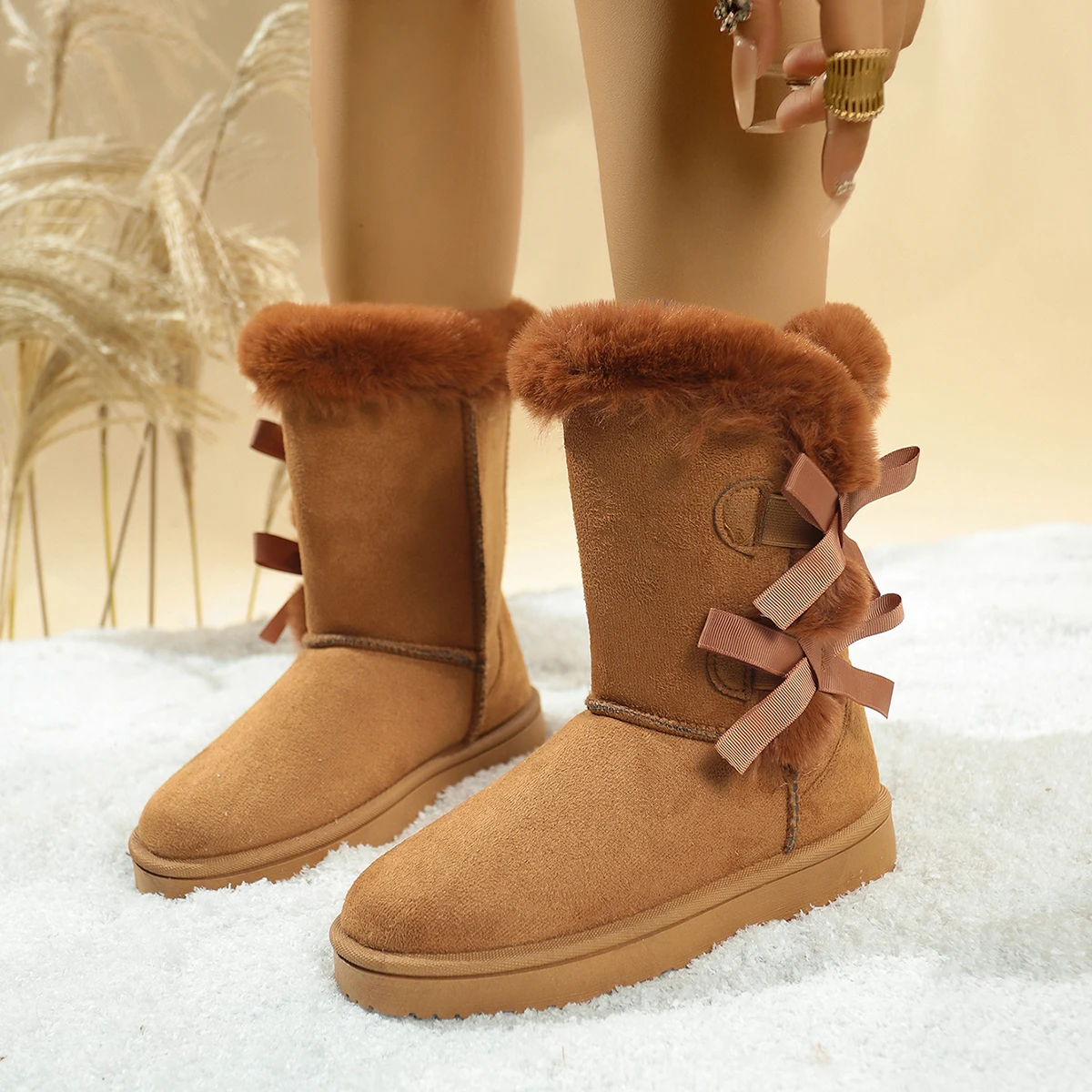 Winter Large Size Plus Velvet Comfortable Snow Boots Fashionable New Round Toe Bow Sexy Warm Casual Walking Boots for Women