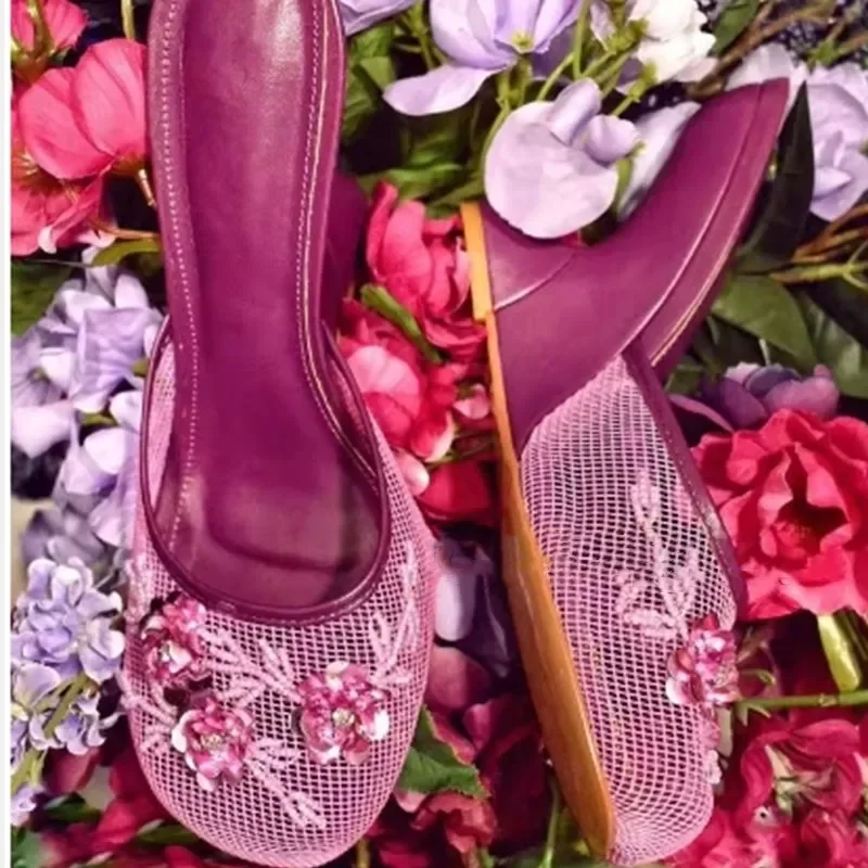 2026 New Women Mules Sandals Mesh Hollow Out Thick Sole Wedge Heels Summer Slip on Open Toe Casual Female Slippers