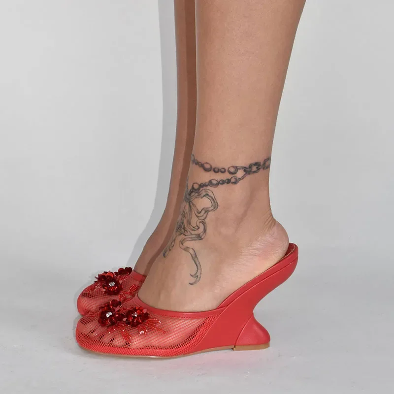 2026 New Women Mules Sandals Mesh Hollow Out Thick Sole Wedge Heels Summer Slip on Open Toe Casual Female Slippers