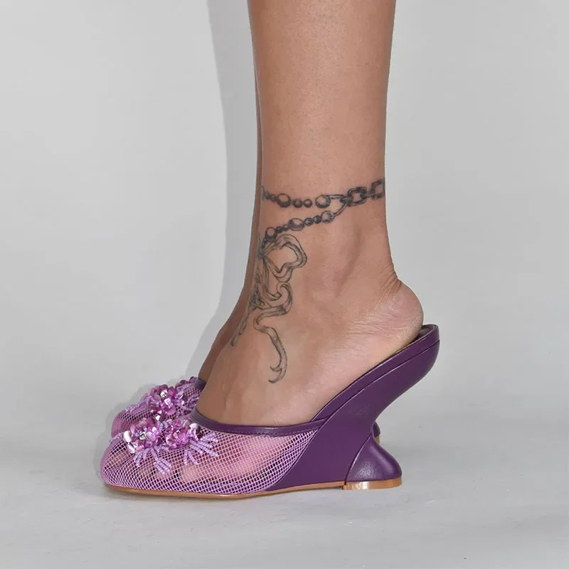 2026 New Women Mules Sandals Mesh Hollow Out Thick Sole Wedge Heels Summer Slip on Open Toe Casual Female Slippers