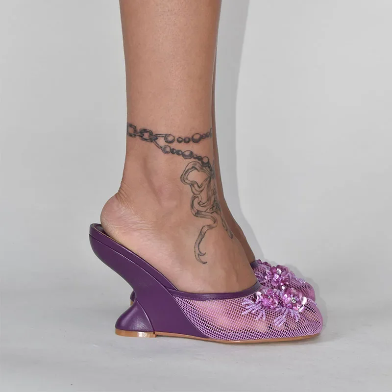 2026 New Women Mules Sandals Mesh Hollow Out Thick Sole Wedge Heels Summer Slip on Open Toe Casual Female Slippers
