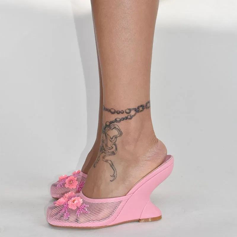 2026 New Women Mules Sandals Mesh Hollow Out Thick Sole Wedge Heels Summer Slip on Open Toe Casual Female Slippers