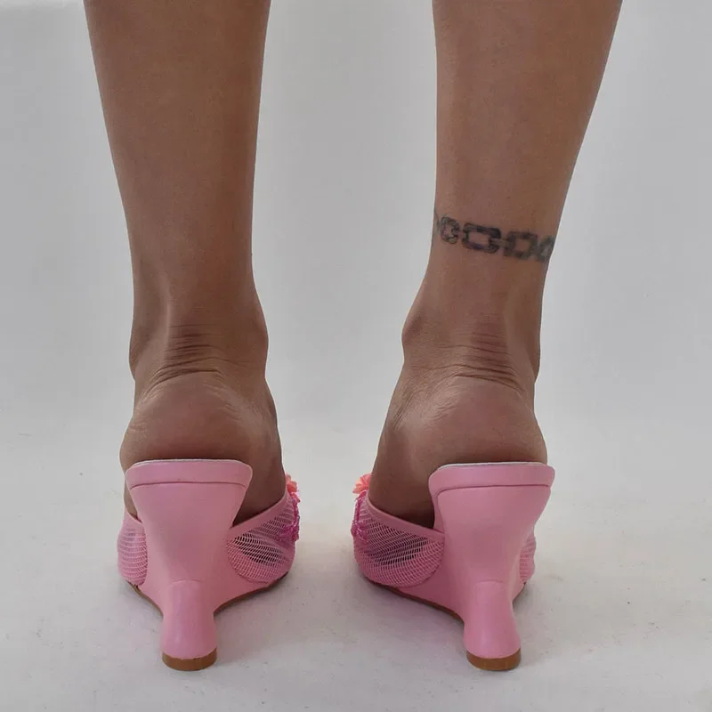 2026 New Women Mules Sandals Mesh Hollow Out Thick Sole Wedge Heels Summer Slip on Open Toe Casual Female Slippers