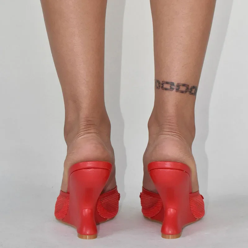 2026 New Women Mules Sandals Mesh Hollow Out Thick Sole Wedge Heels Summer Slip on Open Toe Casual Female Slippers