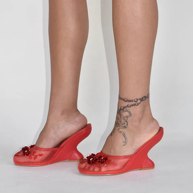 2026 New Women Mules Sandals Mesh Hollow Out Thick Sole Wedge Heels Summer Slip on Open Toe Casual Female Slippers