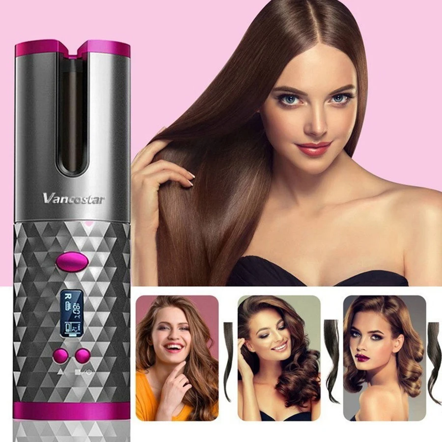 Wireless Electric Hair Curler Portable Travel Home Use 6 Timing 6 Temp. LED Cordless Automatic Hair Curler for Curls or Waves