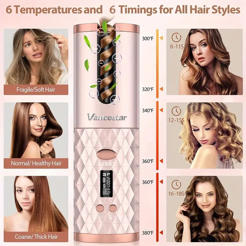 Wireless Electric Hair Curler Portable Travel Home Use 6 Timing 6 Temp. LED Cordless Automatic Hair Curler for Curls or Waves
