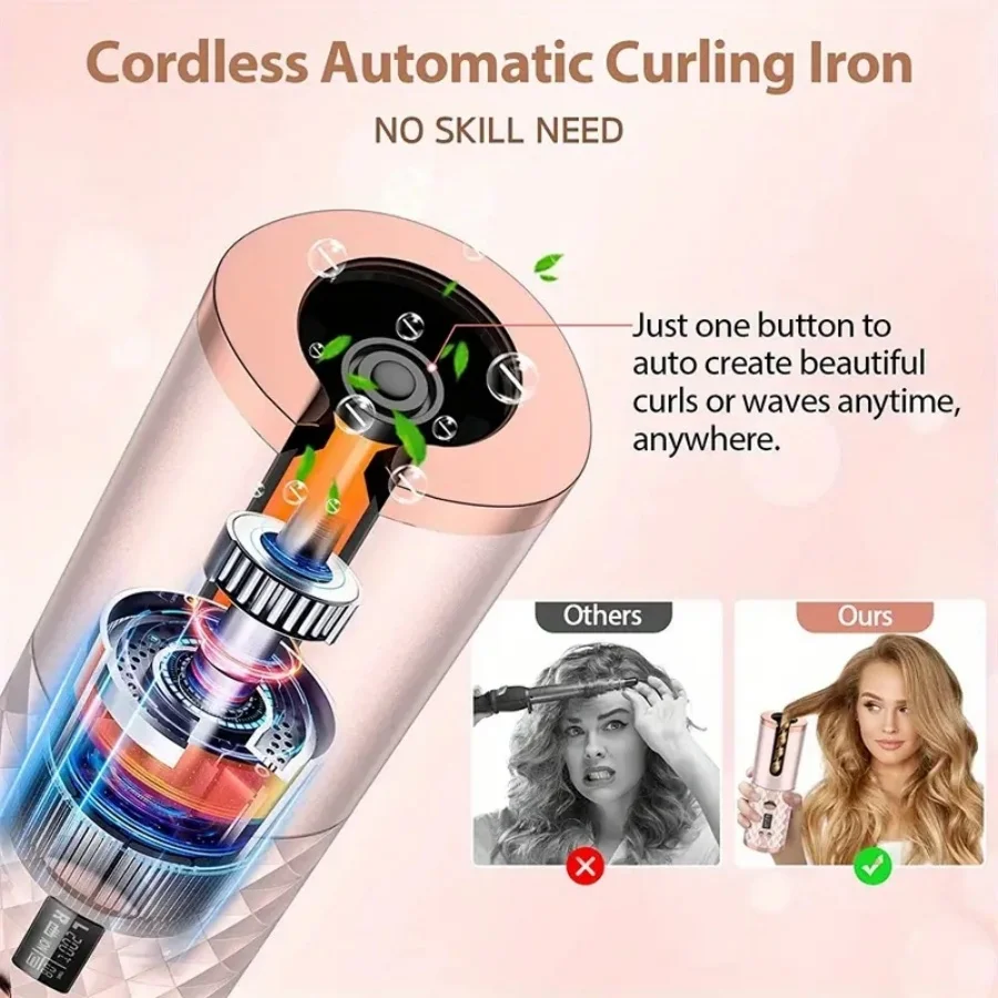 Wireless Electric Hair Curler Portable Travel Home Use 6 Timing 6 Temp. LED Cordless Automatic Hair Curler for Curls or Waves