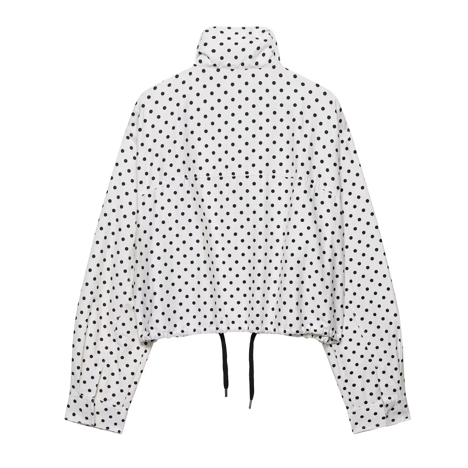 HH Fashion Women's Polka Dot Print Short Coats Autumn Long Sleeves Turtleneck Zipper With Pockets Drawstring Casual Jacket