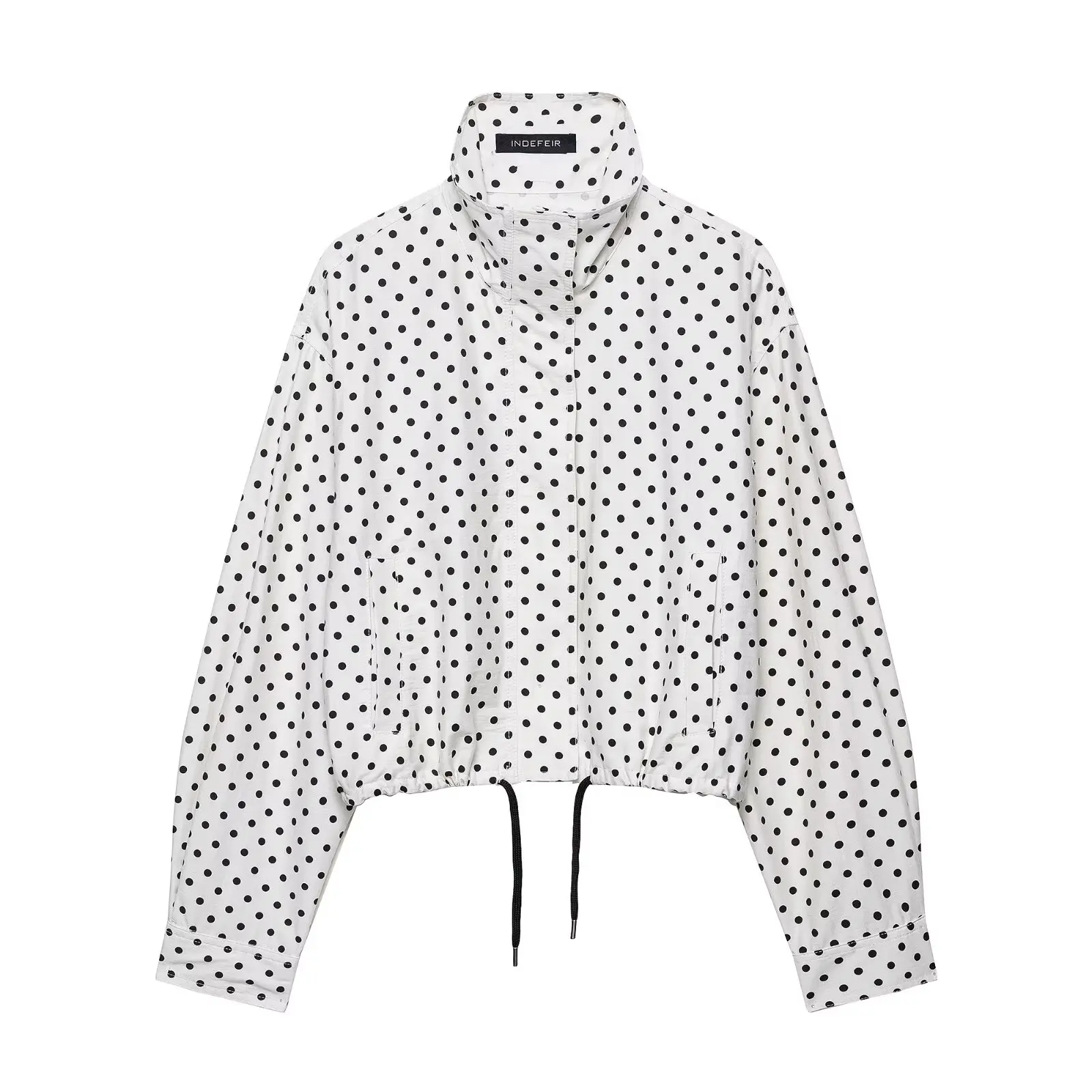 HH Fashion Women's Polka Dot Print Short Coats Autumn Long Sleeves Turtleneck Zipper With Pockets Drawstring Casual Jacket