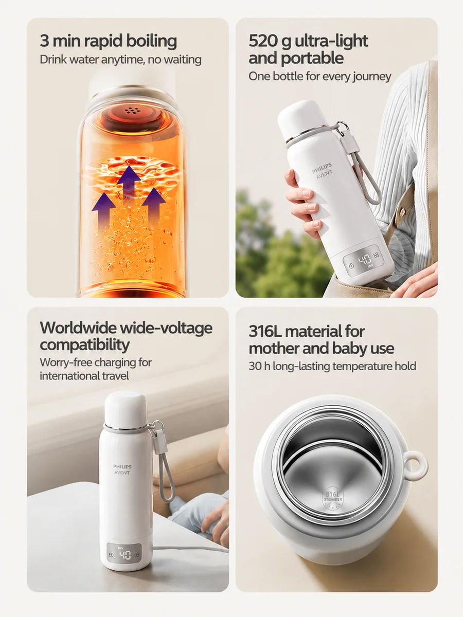 Avent Portable Bottle Warmer Travel Kettle 550ml 316L Stainless Steel 100C Boiling Constant Temperature Baby Formula Milk Warmer