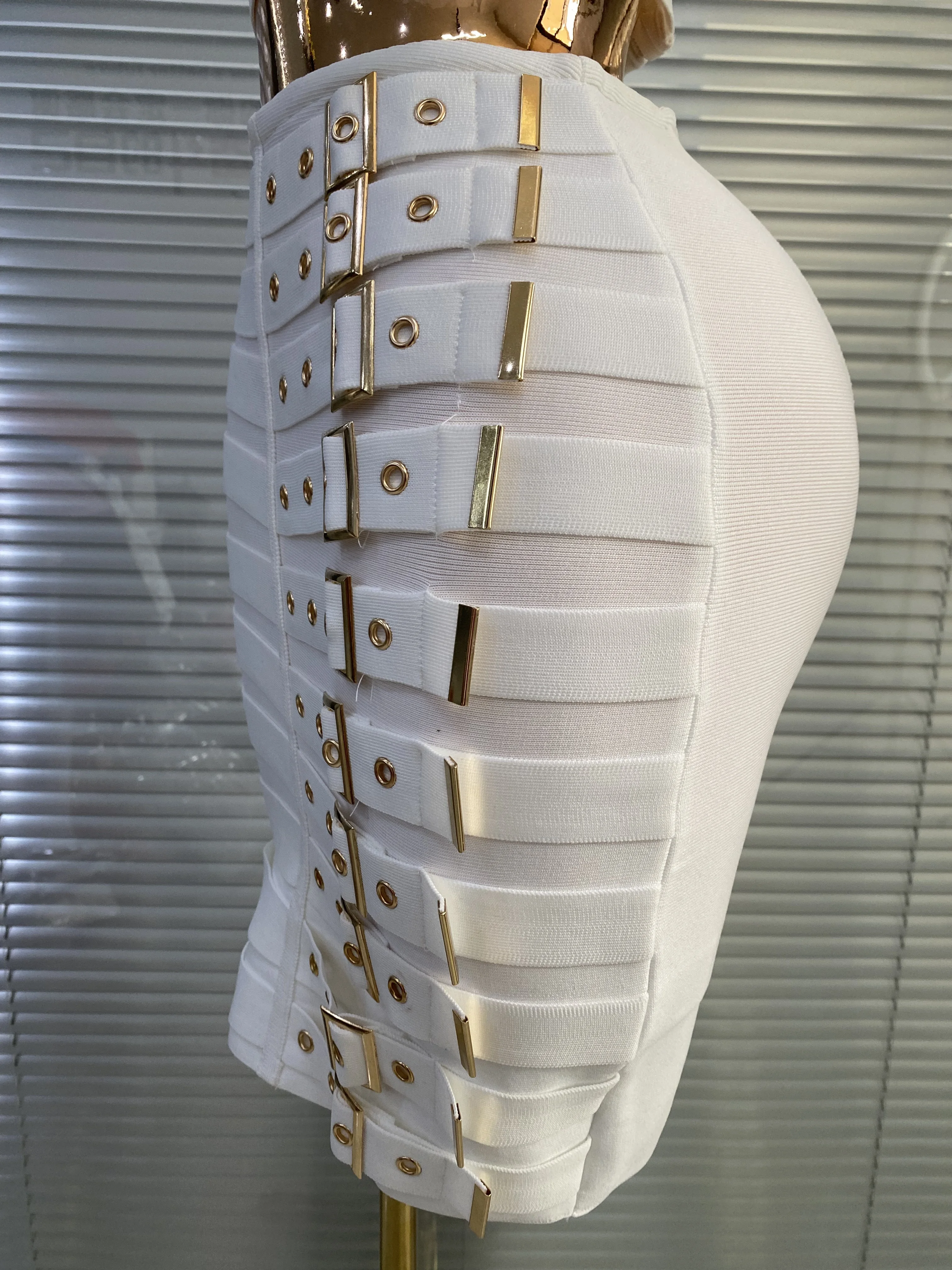 White Bandage Dress Women Designer Bustier Crop Top And Buckles Pencil Skirt Two Pieces Sets Evening Club Party Outfits